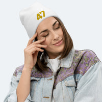 Load image into Gallery viewer, 47 Gold Beanie white color model
