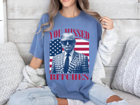 Load image into Gallery viewer, Missed Trump Bootleg T-shirt blue jean color
