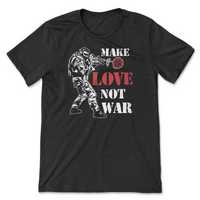 Load image into Gallery viewer, Make Love not war tshirt, depiction of rose coming out of ak47 | Black Heather
