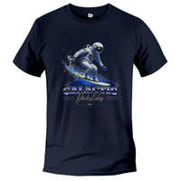 Load image into Gallery viewer, galactic surf tee, cool astronaut tshirt surfing navy
