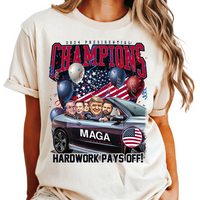 Load image into Gallery viewer, Trump Presidential Champs Bootleg T shirt Model ivory color
