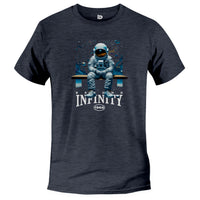 Load image into Gallery viewer, infinity space tshirt, astronaut sitting on work bench in space, heather navy
