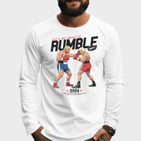 Load image into Gallery viewer, LETS GET READY TO RUMBLE LONG SLEEVE WHITE SHIRT WITH MODEL
