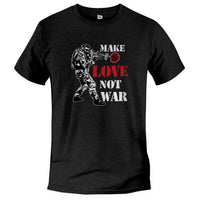 Load image into Gallery viewer, Make Love not war tshirt, depiction of rose coming out of ak47 | Black Heather
