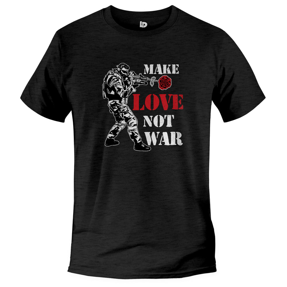 Make Love not war tshirt, depiction of rose coming out of ak47 | Black Heather