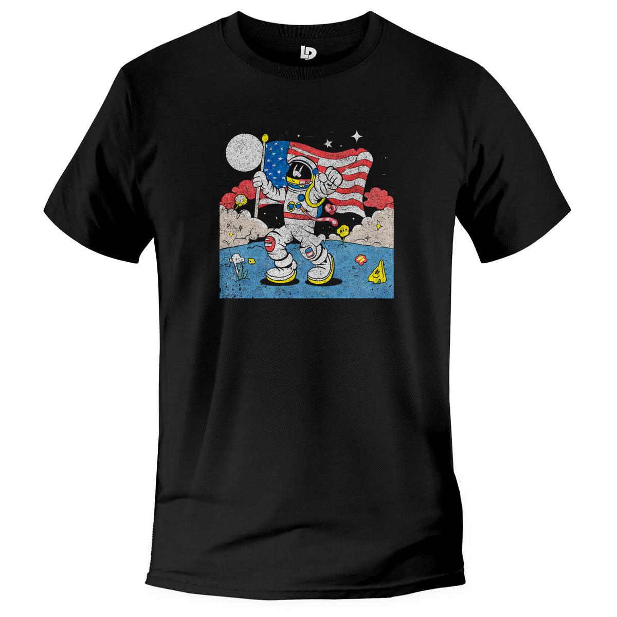 moonwalk marvel fun astronaut waiving american flag tshirt