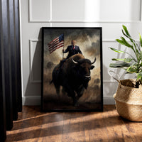 Load image into Gallery viewer, Patriotic Bison President Donald Trump Vertical Framed Canvas Wall Art
