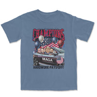 Load image into Gallery viewer, Trump Presidential Champs Bootleg T shirt blue jean color
