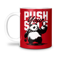 Load image into Gallery viewer, CUTE PANDA MUG, WITH A IMAGE OF PANDA SAYS PUSH YOURSELF, HES HOLDING WEIGHTS
