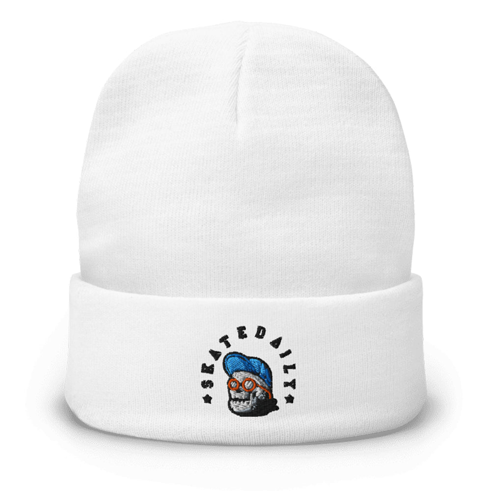 Skate Daily ll Embroidered Knit Beanie white color