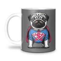 Load image into Gallery viewer, fun pug mug, pug wearing superhero attire with usa in front, grey
