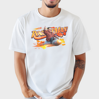 Load image into Gallery viewer, fun rocketman tshirt with model white color
