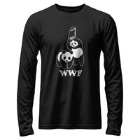 Load image into Gallery viewer, wwf world wildlife society themed shirt, panda hittinga anohter over the head with a chair, black
