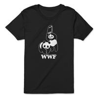 Load image into Gallery viewer, wwwf fun panda shirt, panda hitting panda wwf theme, black fun shirt
